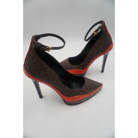 MICHAEL KORS Keke Signature Brown Logo Pump Platform Heel Ankle Strap Size 9.5 M - Picture 7 of 16